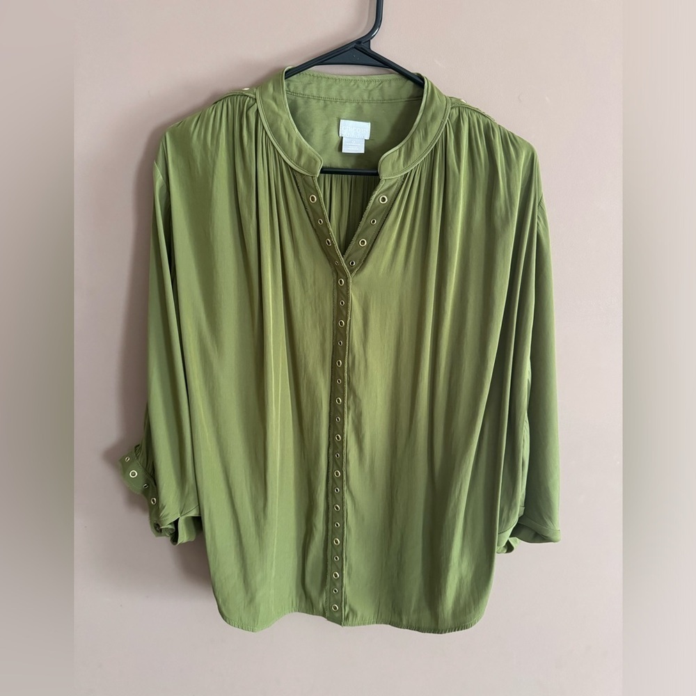 Chico's Green 3/4 Sleeve Relaxed Blouse with Mandarin Collar